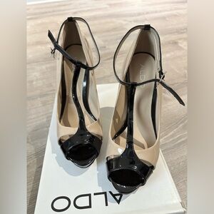 ALDO size 38 nude & black peep toe heel with ankle strap